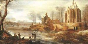 A winter landscape with figures skating on a frozen river by a church by Jan Abrahamsz. Beerstraten