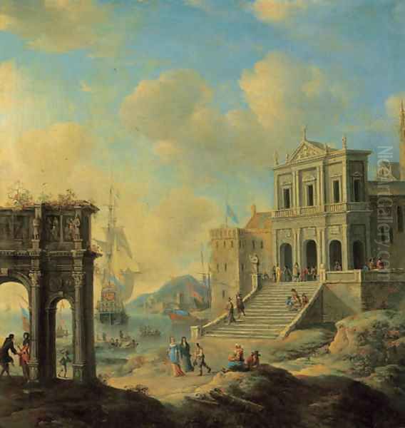 A capriccio of an Italianate harbour capriccio with the Arch of Constantine and a church with figures, shipping beyond - view 1