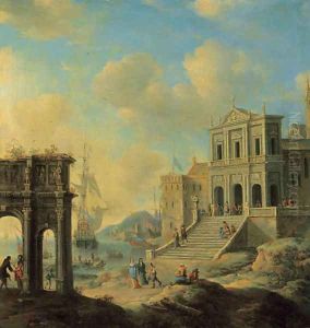 A capriccio of an Italianate harbour capriccio with the Arch of Constantine and a church with figures, shipping beyond