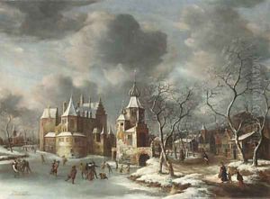 A village in winter with figures skating on a frozen river