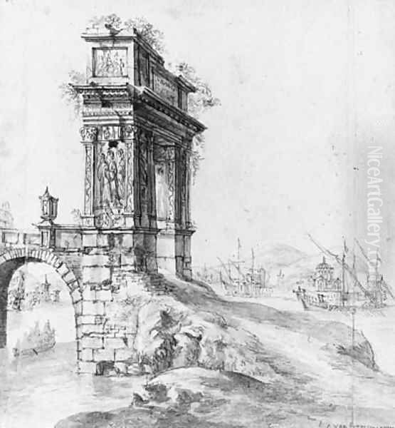 A Bridge with a classical Arch by a Mediterranean Harbour with Shipping beyond - view 1