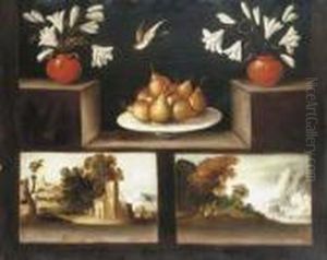 Two Vases Of White Lilies, Pears
 In A Porcelain Dish And Twolandscape Paintings On A Stone Ledge