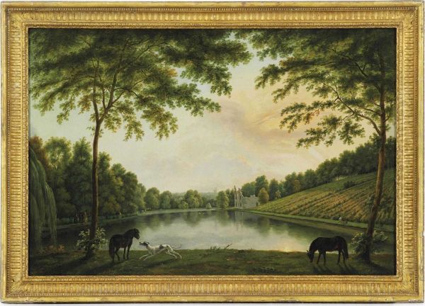View Of Lord Hamilton's
Landscape Garden At Painshill, Surrey,from The East End Of The Lake With
The Vineyard And Ruined Abbey - view 1