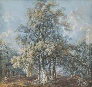 A Mother And Children Resting 
Beneath A Large Beech Tree, Deergrazing Beyond, Possibly In Norbury Park