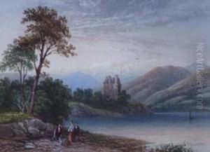 Loch Scene With Figures And Castle Beyond