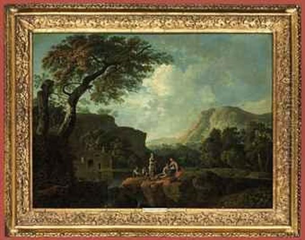 An Italianate River Landscape With An Angling Party, Mountains Beyond - view 1