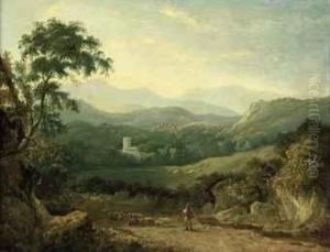 A Mountainous Landscape Near 
Porthmadog, With A Shepherd, His Flockand A Collie In A Lane, A 
Traveller In The Distance, Cows In A Daleand The Village Beyond