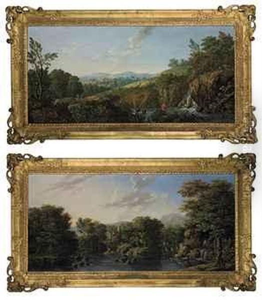 A Wooded River Landscape With A
Man Fishing In The Foreground, Ashepherd Playing A Flute Beside A Flock
Of Sheep And A Town Beyond;and A Wooded River Landscape With Fishermen
In A Boat, A Ruinedbuilding Beyond And Figures Crossing A Bridge - view 1