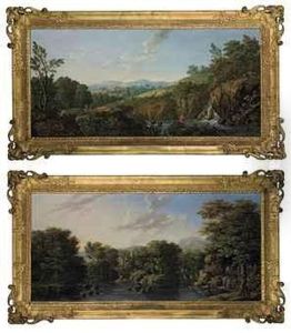 A Wooded River Landscape With A
Man Fishing In The Foreground, Ashepherd Playing A Flute Beside A Flock
Of Sheep And A Town Beyond;and A Wooded River Landscape With Fishermen
In A Boat, A Ruinedbuilding Beyond And Figures Crossing A Bridge by George Cuitt