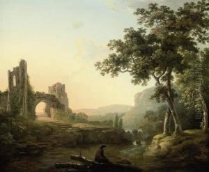 A Wooded River Landscape With A Man And His Dog By A Waterfall,ruins Beyond