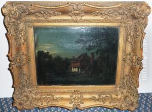 Figures Near A Cottage By Moonlight, A River In The Foreground by George Cuitt