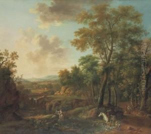 An Extensive Wooded River Landscape With Figures In The Foreground