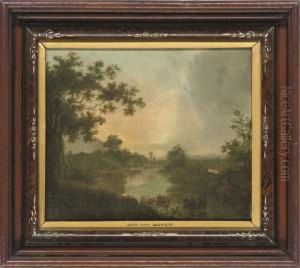 A Wooded River Landscape With Figures In A Boat by George Cuitt