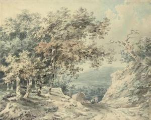 A Drover And Wagon In A Wooded Landscape