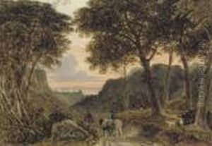 A Wooded Landscape With Travellers At Sunset