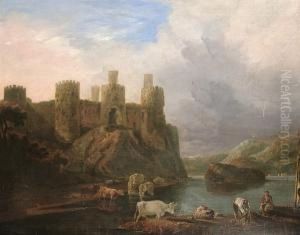 A Romantic Landscape With Fishermen Mending Nets Below A Castle