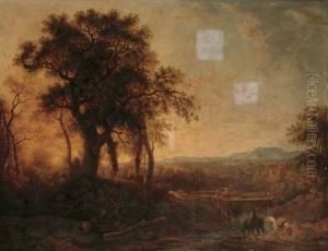 River Landscape With A Traveller
 Watering His Horse And Figures Crossing A Bridge In The Foreground, A 
Mountain Range Beyond