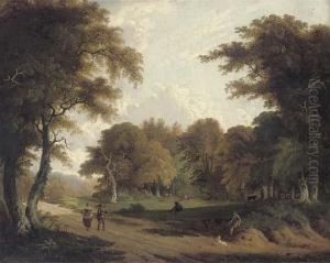 Faggot Gatherers Walking Along A Woodland Track, With Cows Grazingbeyond by George Cuitt