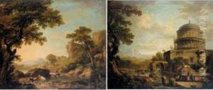 An Extensive River Landscape 
With A Drover And Cattle In The Foreground, Fishermen And A Classical 
Ruin Beyond; And Washerwomen By A Pool In A River Landscape, A Classical
 Building Beyond by George Cuitt