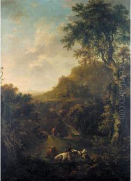 An Extensive Landscape With Cattle In The Foreground And Drovers Resting Beyond - view 1
