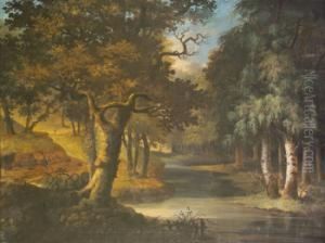 Wooded Landscape With Stream, Figures On A Path by George Cuitt