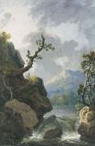 A Mountainous Landscape With A
Waterfall And Travellers On A Path, A Village In The Distance by George Cuitt