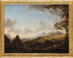 Extensive Landscape With Distant Mountains And Goats In The Foreground by George Cuitt