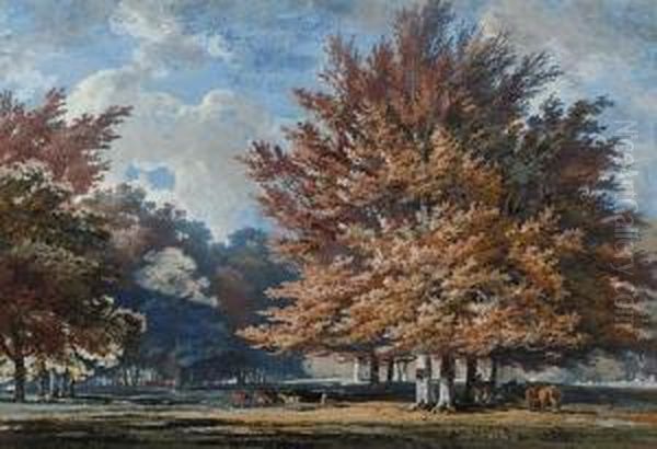 Deer And Horses Beneath Trees In A Parkland - view 1