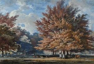 Deer And Horses Beneath Trees In A Parkland by George Cuitt