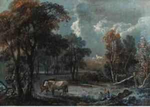 Cattle In A Clearing, A Church Beyond by George Cuitt