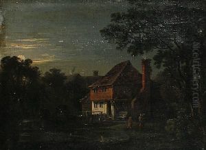 Houses In A Moonlit Landscape by George Jnr Barrett