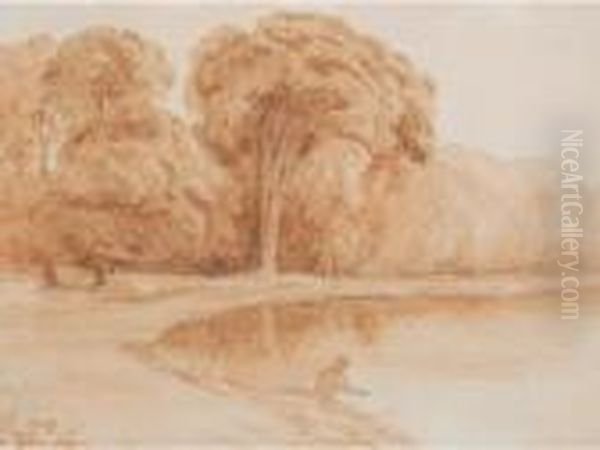 Wooded River Landscape With Man Fishing - view 1