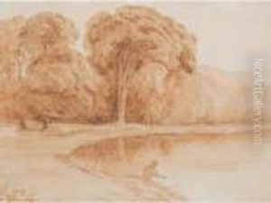 Wooded River Landscape With Man Fishing by George Jnr Barrett