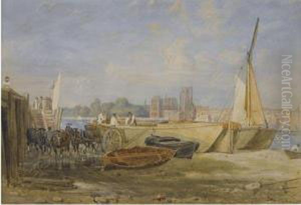 Unloading Sail Barges Near Lambeth Bridge - view 1