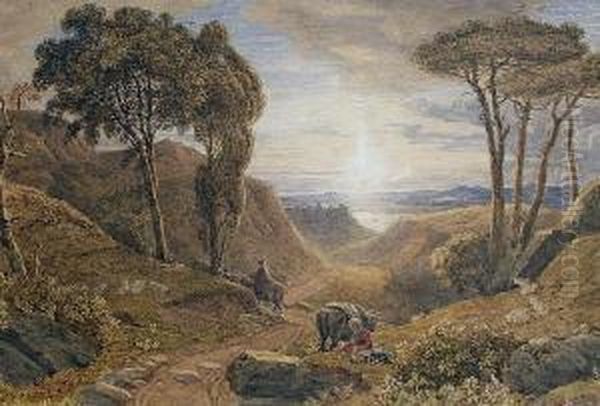 Riders In A Classical Landscape At Sunset by George Jnr Barrett