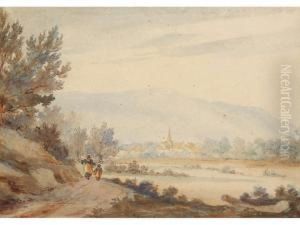 An Alpine Landscape With Figures
 On A Track With A Town And A Church Spire Visible Beyond