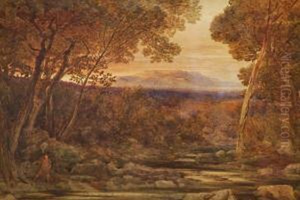 A Scottish River Scene With A Figure At The River Side - view 1