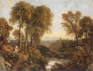 Figures On A Wooded Path By A River, A Castle And Mountains Beyond Figures On A Wooded Path By A River, A Castle And Mountains Beyond