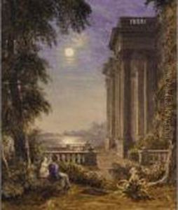 Figures In The Moonlight By A Classical Building by George Jnr Barrett
