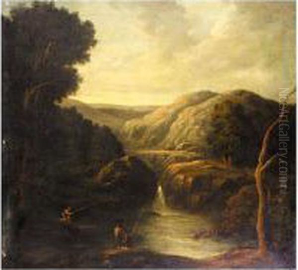 A River Landscape With Figures Fishing Near A Waterfall - view 1
