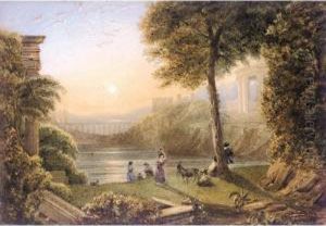 Sunset - Figures Above A River In An Italianate Landscape by George Jnr Barrett