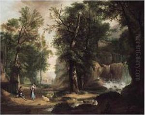 Landscape With Rustics And Sheep By A Waterfall