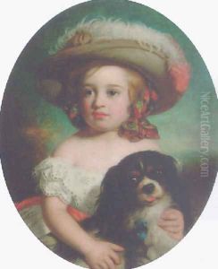 Portrait of a young girl, in a white dress and a plumed hat, with a spaniel 1870