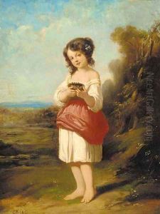 A girl with a bird's nest in a landscape