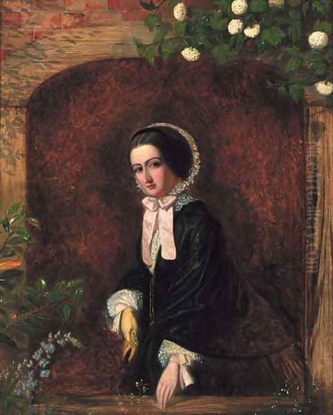 A portrait of a young woman, small three-quarter-length, in a black dress and bonnet, at a casement - view 1