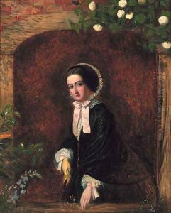 A portrait of a young woman, small three-quarter-length, in a black dress and bonnet, at a casement