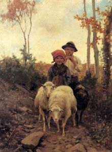 Children With Sheep On A Path by Stefano Bruzzi