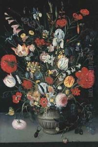 Tulips, irises, pink and white roses, narcissi, primroses and other flowers in a stone vase with butterflies, a caterpillar, a snail by Peter Paul Binoit