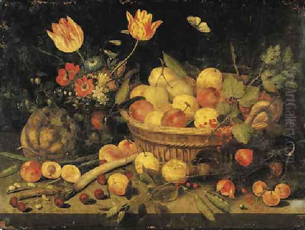 Plums and redcurrants in a basket, tulips, poppies and other flowers in a vase, with a gourd, peas, a parsnip and other fruit on a stone ledge 1632 - view 1