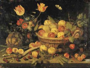 Plums and redcurrants in a basket, tulips, poppies and other flowers in a vase, with a gourd, peas, a parsnip and other fruit on a stone ledge 1632 by Peter Paul Binoit